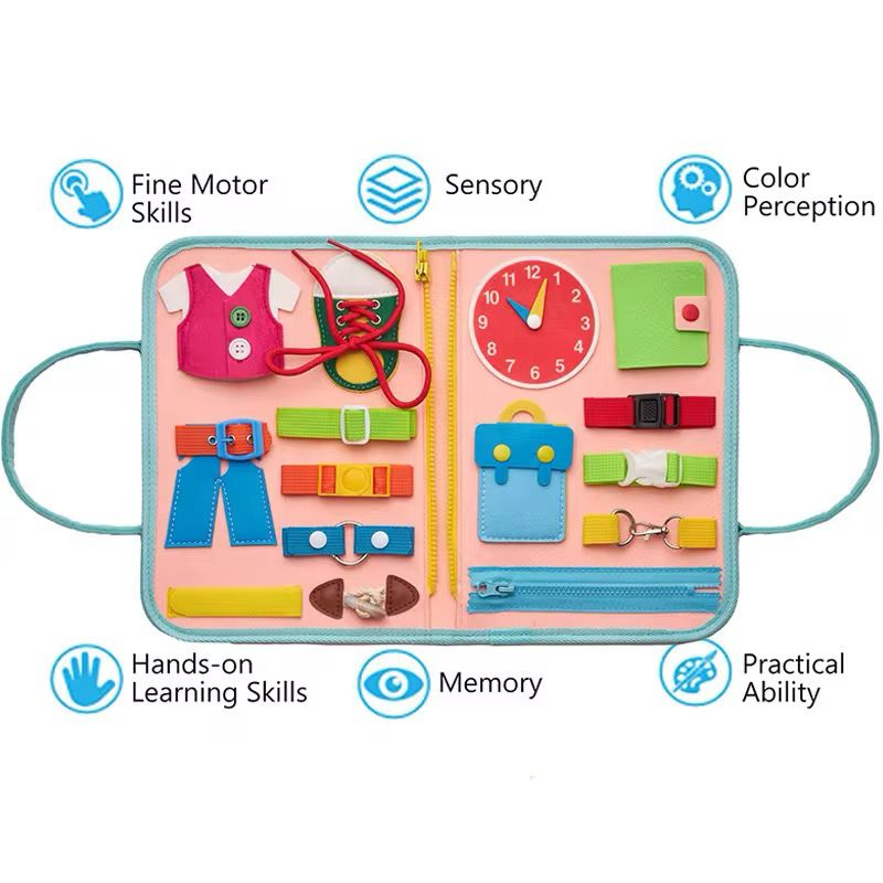 Felt Busy Board for Toddlers – Practical Life Skills Travel Toy with Space, Mermaid and Dino Themes