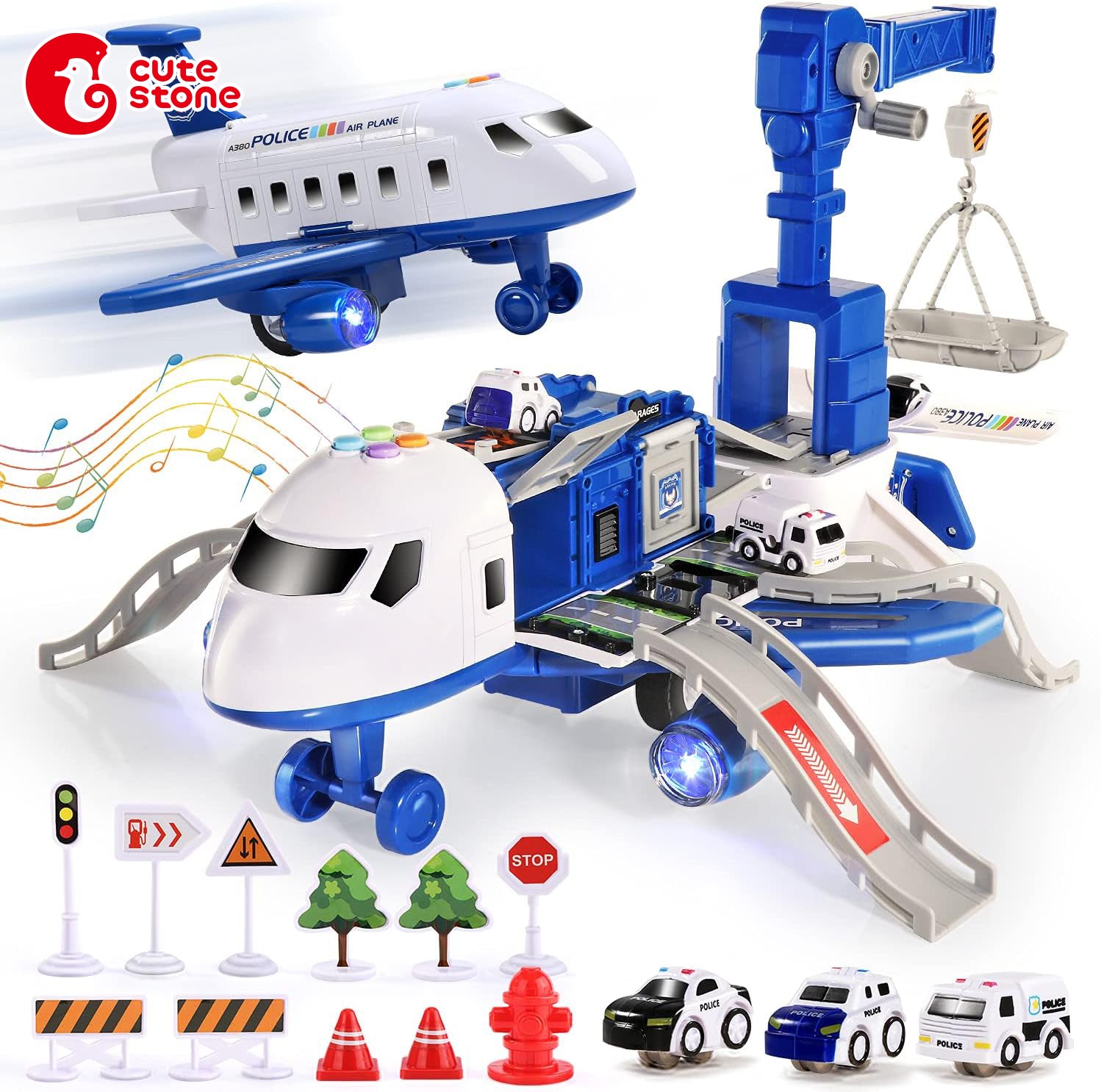 CUTE STONE Toy Aircraft, Transport Cargo Airplane with Music & Light, Airplane Car Play Set & Vehicle Toy, Construction Toy Accessories for 3+ Boys & Girls