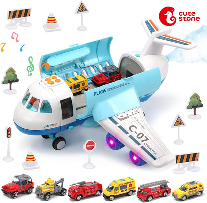 CUTE STONE Toy Airplanes, Toy Airplane with Smoke, Lights & Sounds, Friction Powered Plane Toy with Mini Cars for Kids
