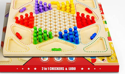 Wooden Checker Board & Ludo 2-in-1 Premium Classic Family Game