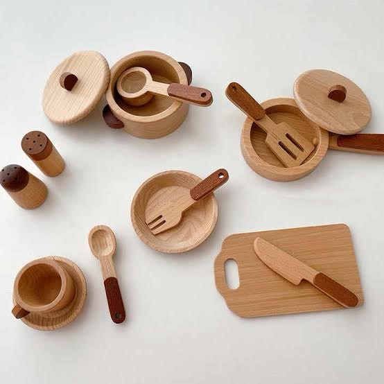 Wooden Kitchen Utensil  & Cookware Roleplay Toy Play set