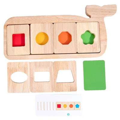 Whale-Shaped Montessori Puzzle – Color and Shape Sorting Wooden Activity for Toddlers