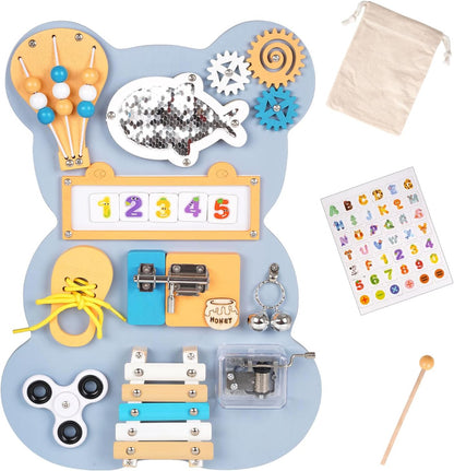 Wooden 10-in-1 Wooden Montessori Busy Board – Sensory Fun & Learning for Toddlers Keep Little Hands Busy! 10-in-1 Montessori Sensory Activity Board