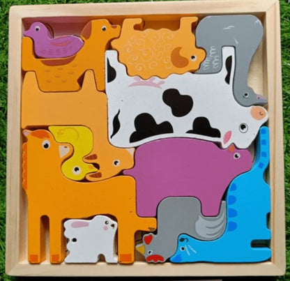 Wooden 3D Cognitive Puzzle Board, Pet Animal, Forest Animal, Dinosaur and Fruits & VegetablesPuzzle Sorting & Stacking Toys