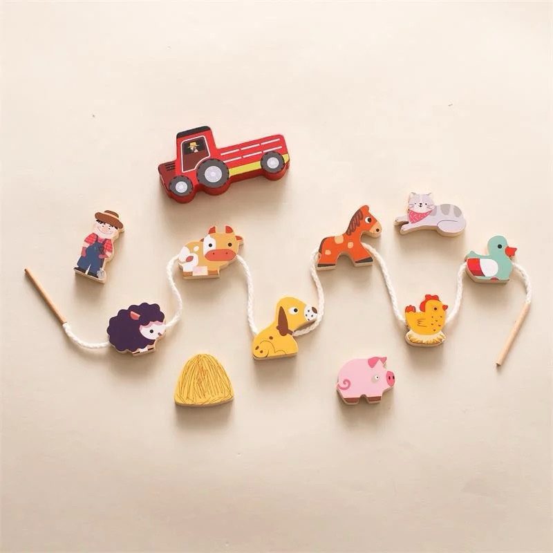 Wooden Farm Pretend Play Set – Barn, Animals and Tractor Toy with Lacing Activity for Toddlers