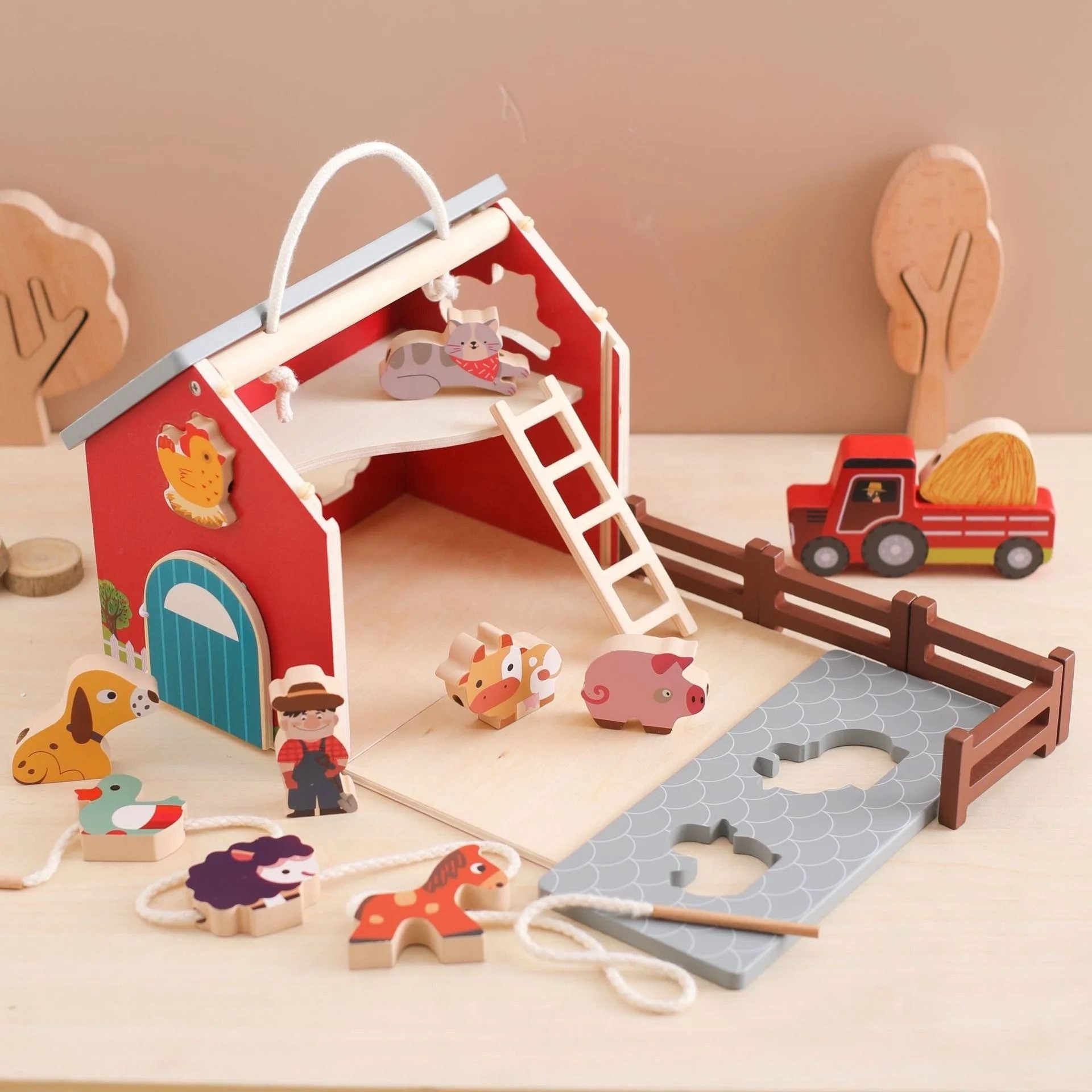 Wooden Farm Pretend Play Set – Barn, Animals and Tractor Toy with Lacing Activity for Toddlers