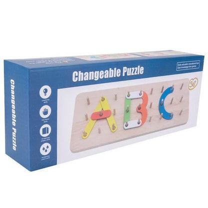 Wooden Changeable Puzzle – Alphabet and Numbers Construction Set for Early Learning