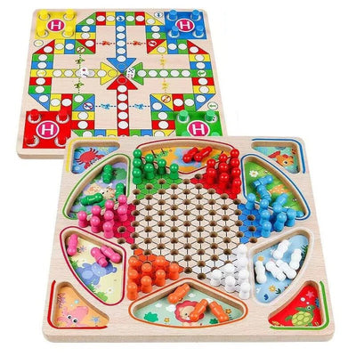 Jeu de Dames et Ludo en Bois 2-en-1 – Jeu de Société Classique Premium