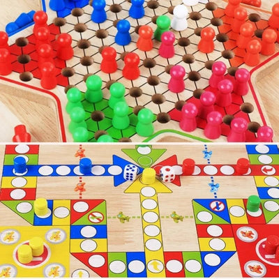 Jeu de Dames et Ludo en Bois 2-en-1 – Jeu de Société Classique Premium