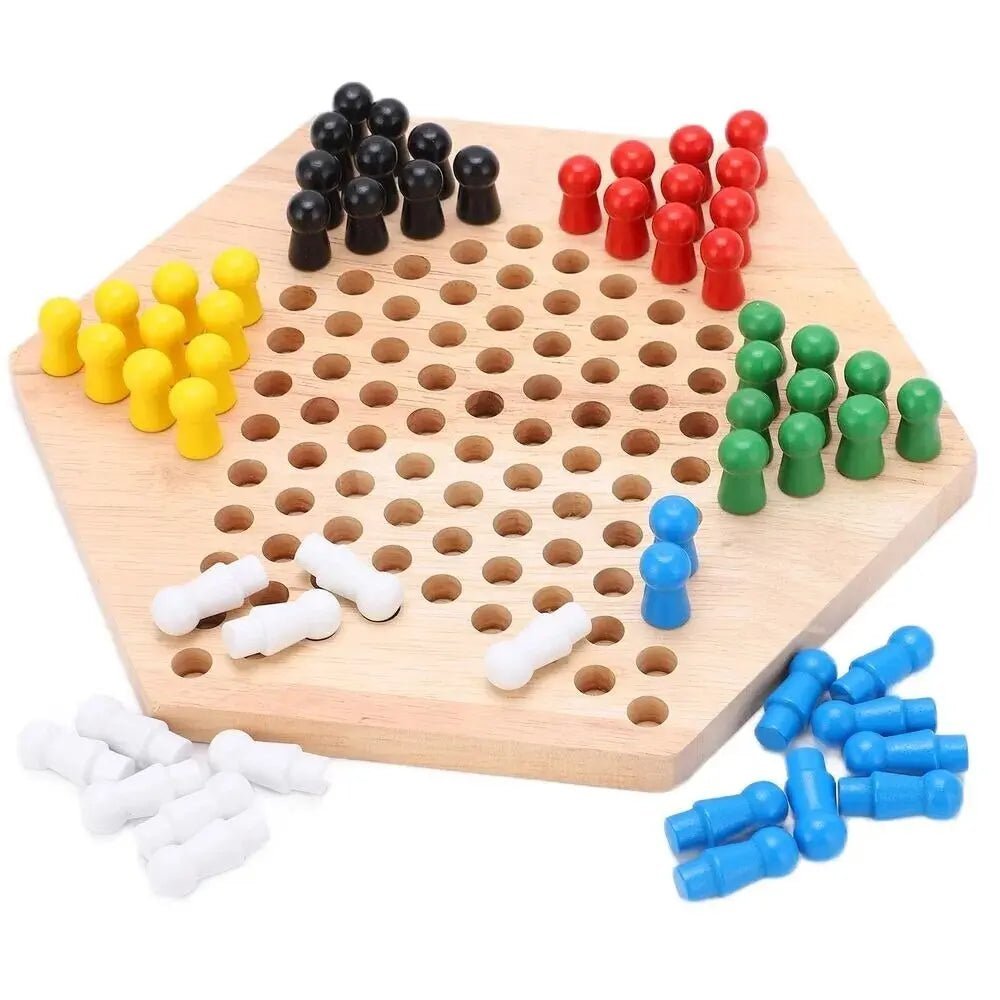 Wooden Checkers Hexagon Board With Wooden Marbles