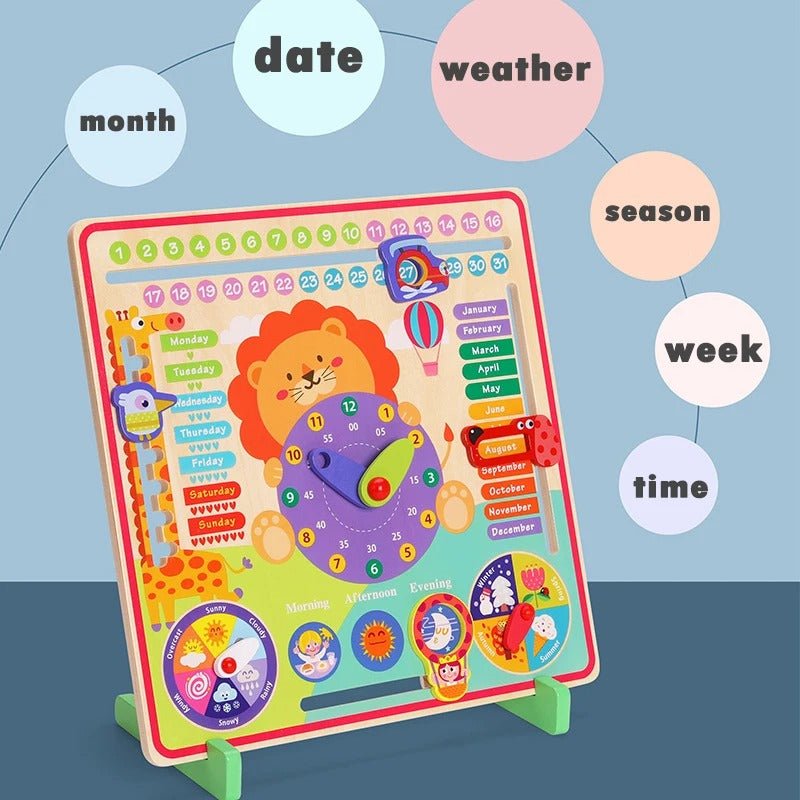 Wooden Clock Education Board Toys Multifunctional Learning Calendar Weather Season Time Teaching
