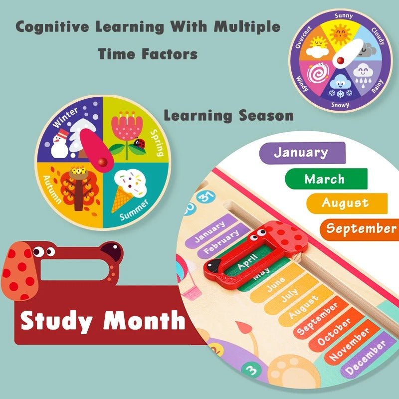Wooden Clock Education Board Toys Multifunctional Learning Calendar Weather Season Time Teaching