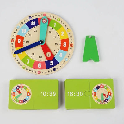 Modèle d'horloge en bois avec cartes d'apprentissage de l'heure – Jouet interactif pour apprendre l'heure aux enfants