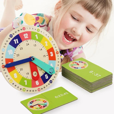 Modèle d'horloge en bois avec cartes d'apprentissage de l'heure – Jouet interactif pour apprendre l'heure aux enfants