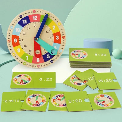 Modèle d'horloge en bois avec cartes d'apprentissage de l'heure – Jouet interactif pour apprendre l'heure aux enfants