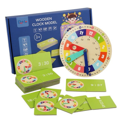 Wooden Clock Model with Time Matching Cards – Interactive Time-Telling Toy for Kids