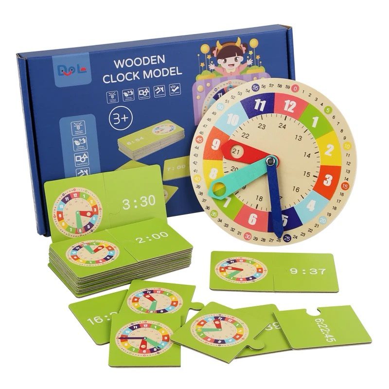 Wooden Clock Model with Time Matching Cards – Interactive Time-Telling Toy for Kids