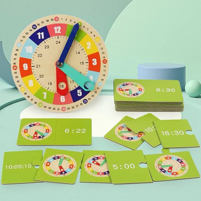 Modèle d'horloge en bois avec cartes d'apprentissage de l'heure – Jouet interactif pour apprendre l'heure aux enfants
