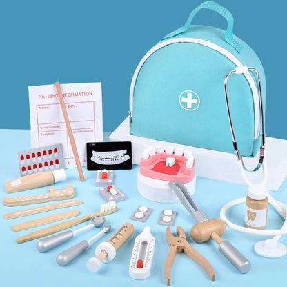 Wooden Doctor Toy Set with Bag Dentist Check Brush Teeth Medicine Set Role Playing Games