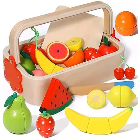 Wooden Fruits Basket Pretend Cutting Fruit Set with Wood Knife & Storage Basket