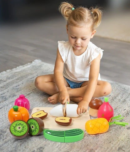 Wooden Fruits Basket Pretend Cutting Fruit Set with Wood Knife & Storage Basket
