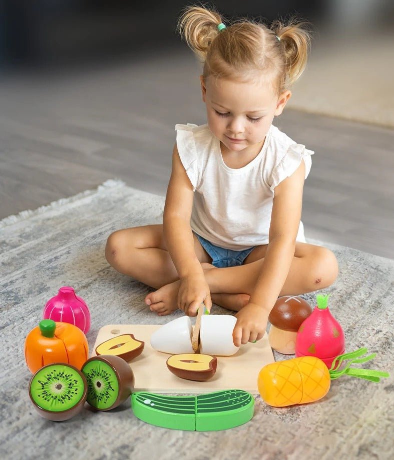 Wooden Fruits Basket Pretend Cutting Fruit Set with Wood Knife & Storage Basket