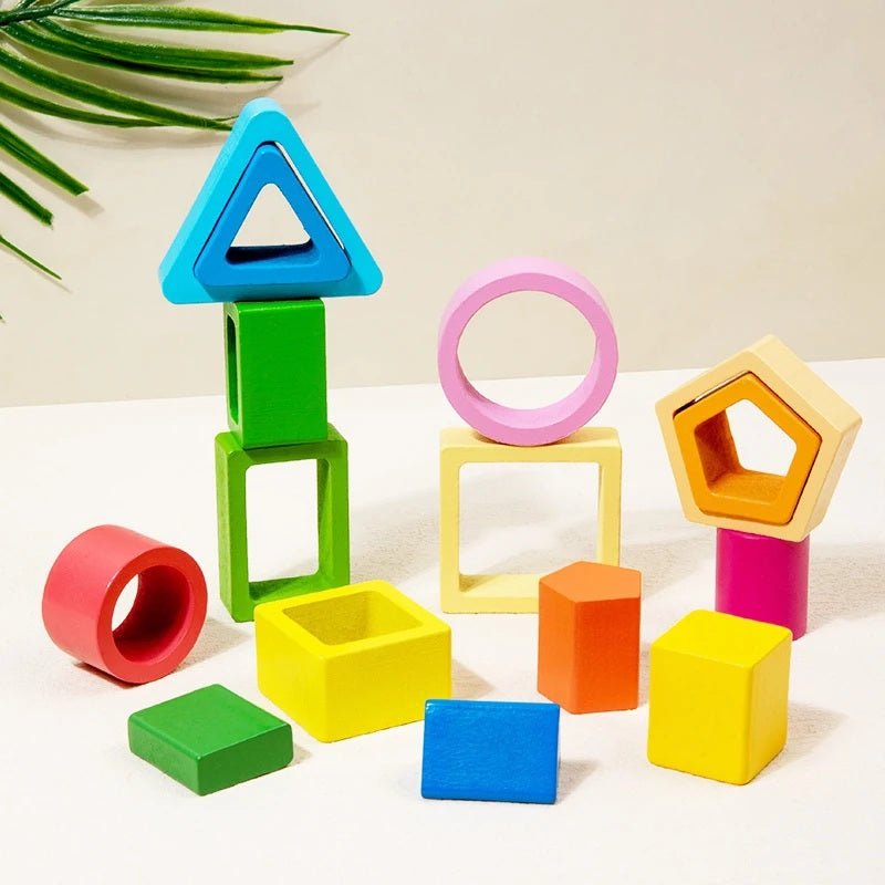 Wooden Geometric Shape Building Blocks Wooden Jigsaw Puzzle Color Matching Puzzle Shape Category Stack Toy Early Educational Toy