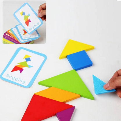 Wooden Geometric Shape Tangram Jigsaw Puzzles Board Games, Montessori Educational Toys for Kids