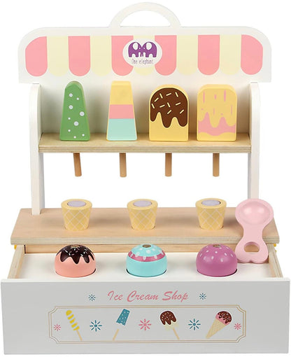 Wooden Ice Cream Set, Ice Cream Cart Shop Stand Toys for Toddlers, Montessori Play Kitchen Accessories Wooden Food Set for Kids, Pretend Play for Toddlers