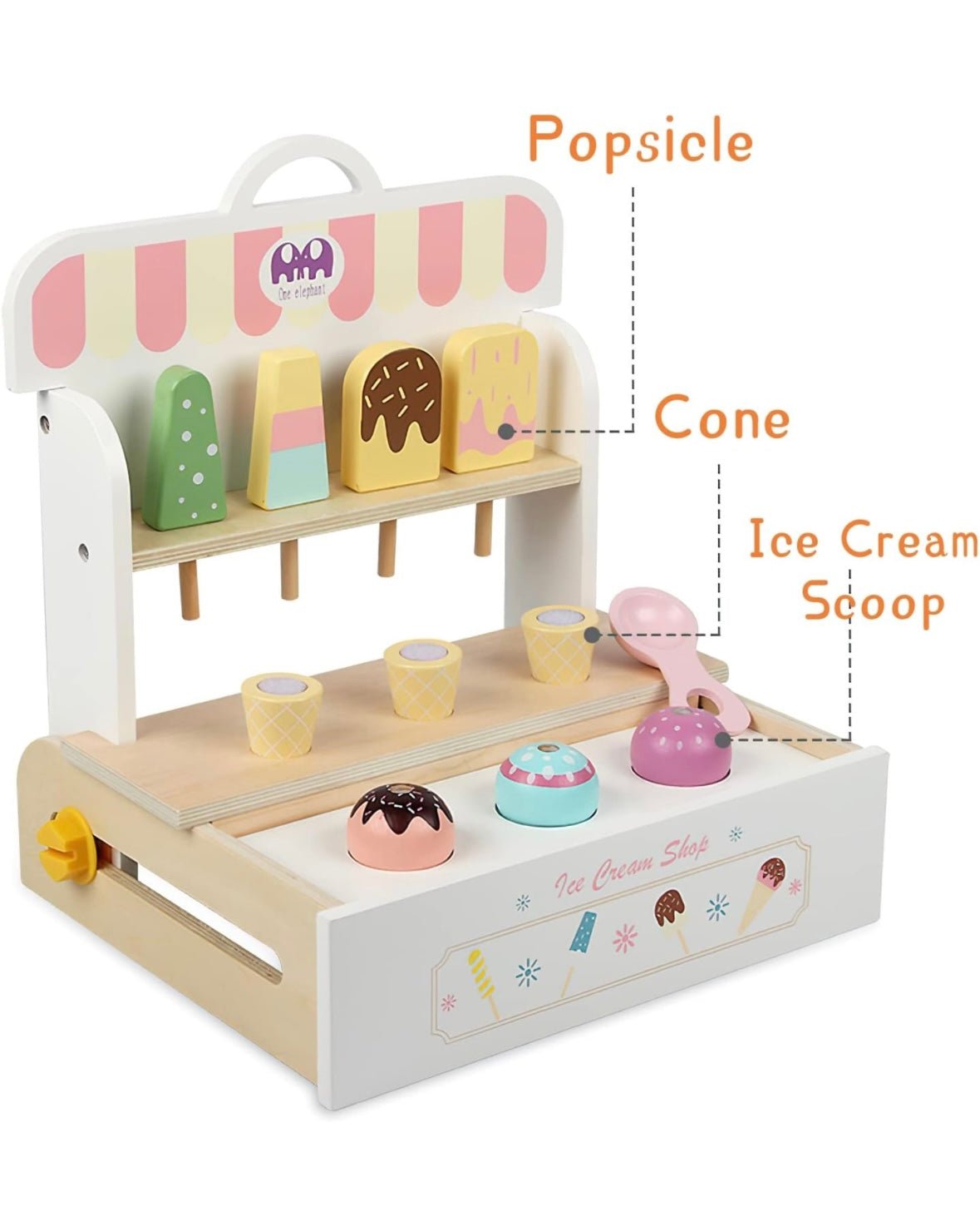 Wooden Ice Cream Set, Ice Cream Cart Shop Stand Toys for Toddlers, Montessori Play Kitchen Accessories Wooden Food Set for Kids, Pretend Play for Toddlers
