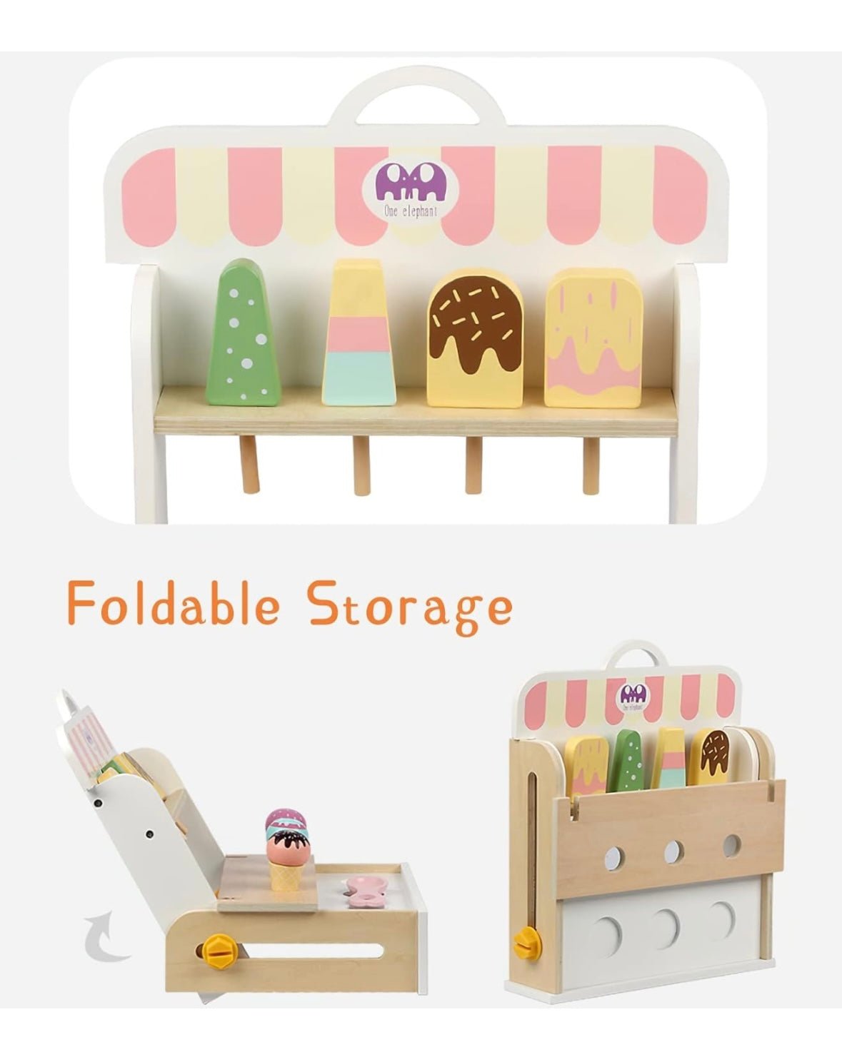 Wooden Ice Cream Set, Ice Cream Cart Shop Stand Toys for Toddlers, Montessori Play Kitchen Accessories Wooden Food Set for Kids, Pretend Play for Toddlers