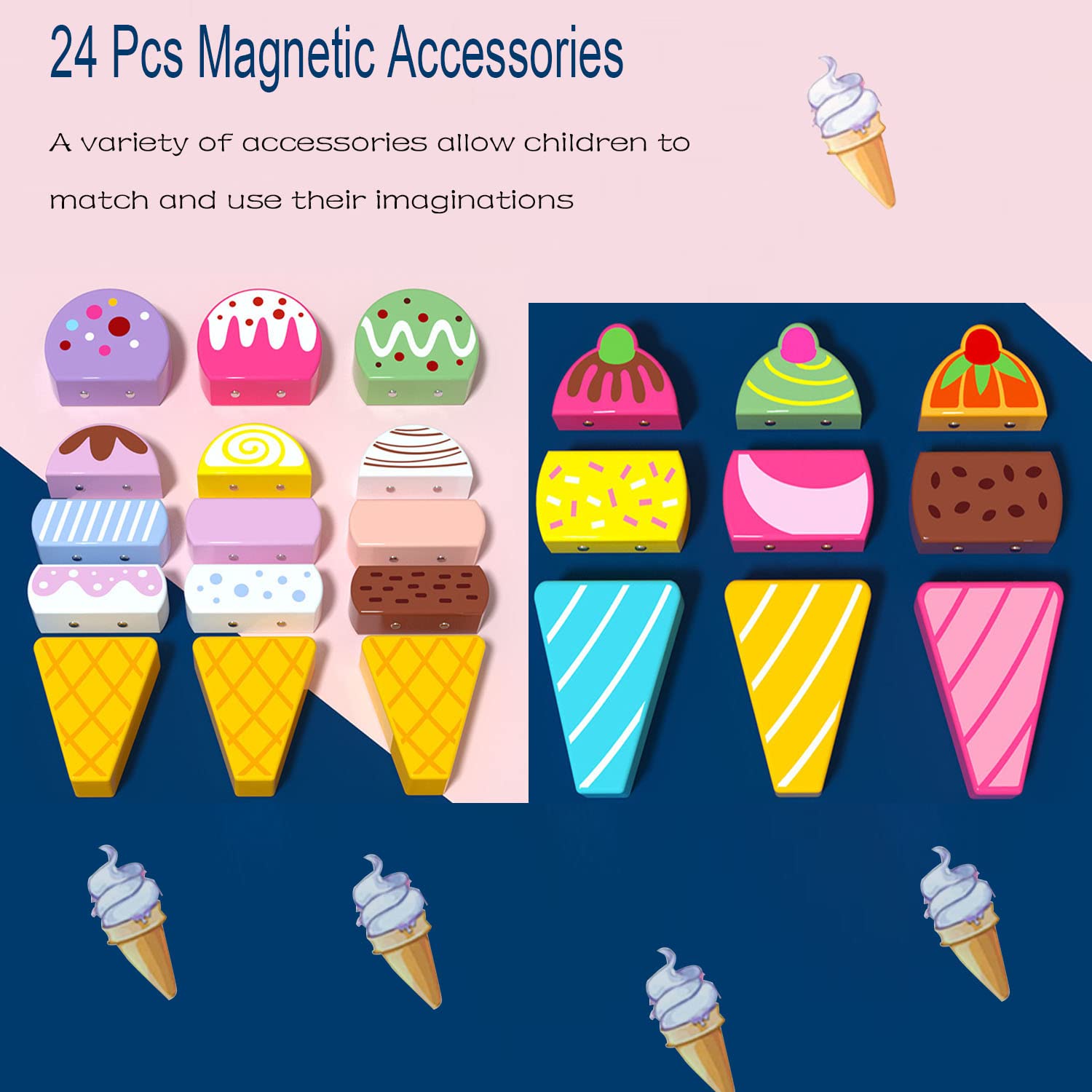 Wooden Ice Cream Truck | 28 pcs Magnetic Ice Cream Sweet Treats | Pretend Play Food & Accessories