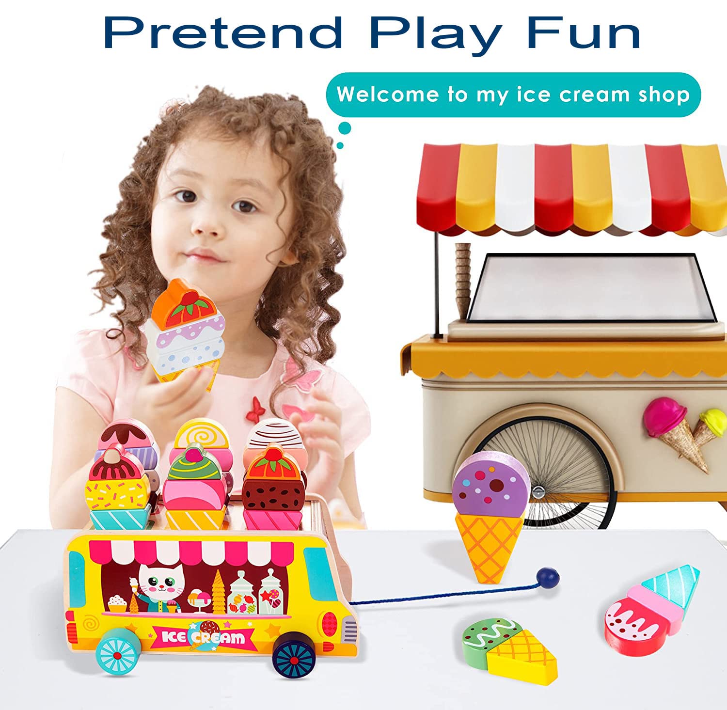 Wooden Ice Cream Truck | 28 pcs Magnetic Ice Cream Sweet Treats | Pretend Play Food & Accessories
