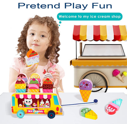 Wooden Ice Cream Truck | 28 pcs Magnetic Ice Cream Sweet Treats | Pretend Play Food & Accessories