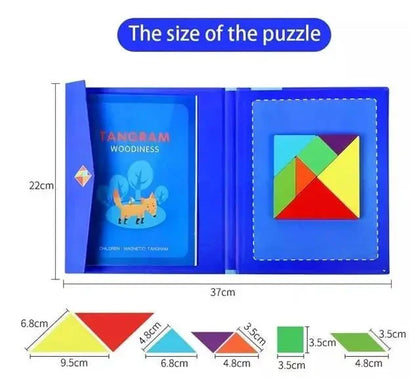 Wooden Magnet Tangram Puzzle Book - Jigsaw Book Brain Teasers Stacking Games Early Educational Learning Challenge IQ