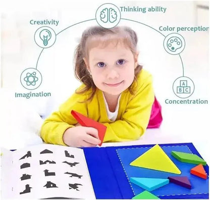 Wooden Magnet Tangram Puzzle Book - Jigsaw Book Brain Teasers Stacking Games Early Educational Learning Challenge IQ
