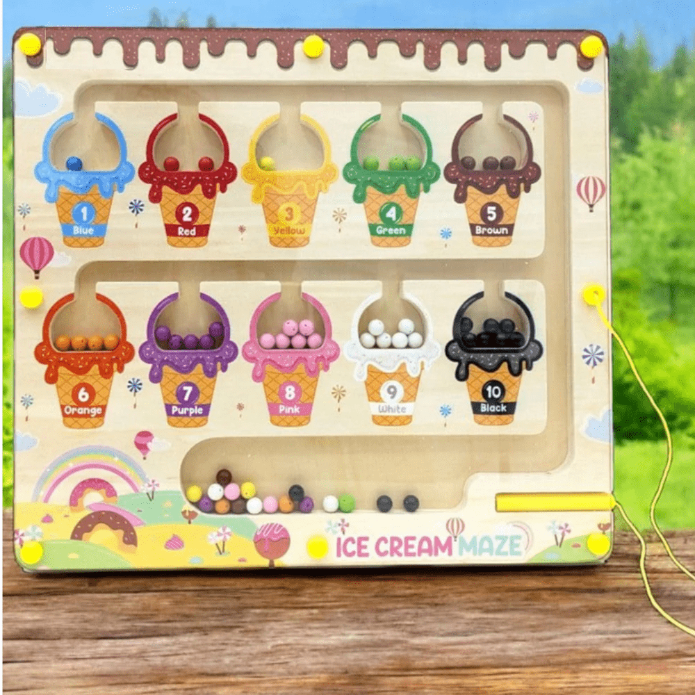 Wooden Magnetic Color & Number Maze Puzzle – Ice Cream Theme Educational Toy for Kids Ages 3–5 | Fine Motor Skills, Counting & Color Matching Learning Board