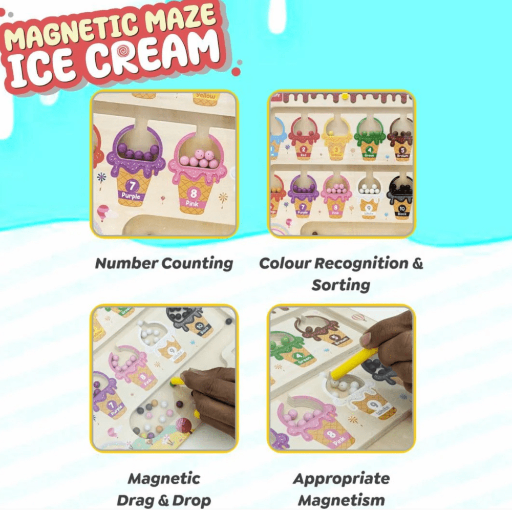 Wooden Magnetic Color & Number Maze Puzzle – Ice Cream Theme Educational Toy for Kids Ages 3–5 | Fine Motor Skills, Counting & Color Matching Learning Board