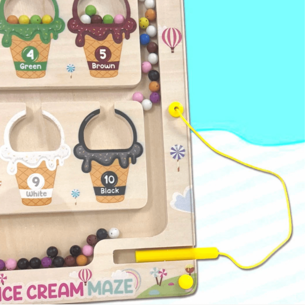 Wooden Magnetic Color & Number Maze Puzzle – Ice Cream Theme Educational Toy for Kids Ages 3–5 | Fine Motor Skills, Counting & Color Matching Learning Board