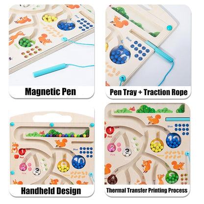 Wooden Magnetic Squirrel Feeding  Maze Game - Educational Game for Learning Colors and Numbers