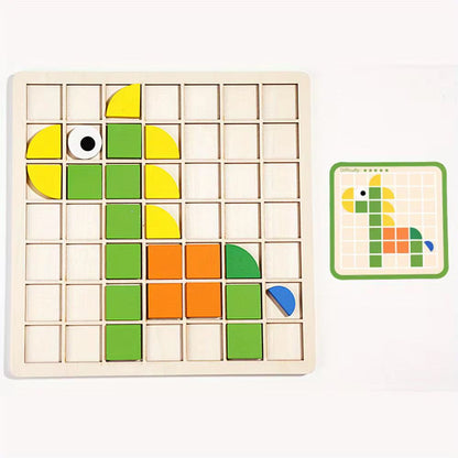 Wooden Mosaic Puzzle | 120-Piece Shape Pattern Blocks with Design Cards