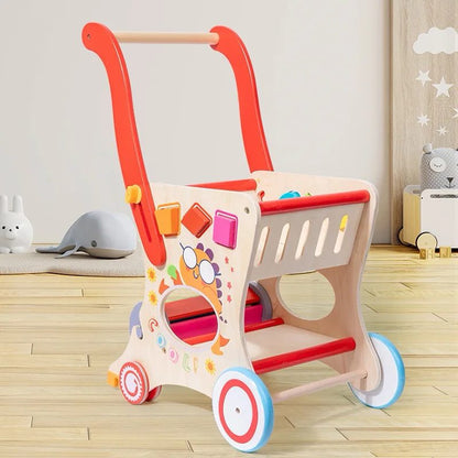 Wooden Multifunctional Shopping Cart – Pretend Play, Shape Sorting and Toy Storage for Toddlers and Preschoolers