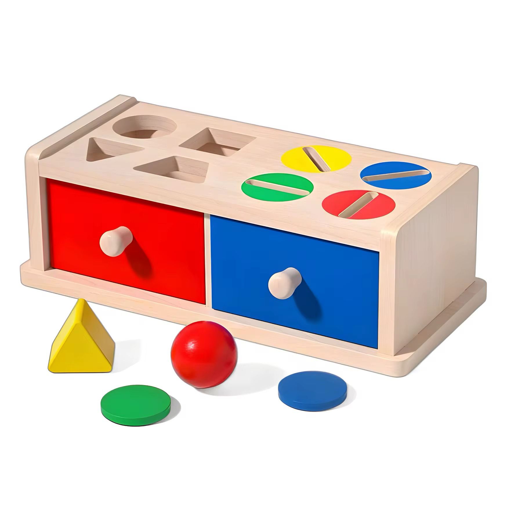 Wooden Object Permanence Box - Color and Shape Sorting with Dual Drawers