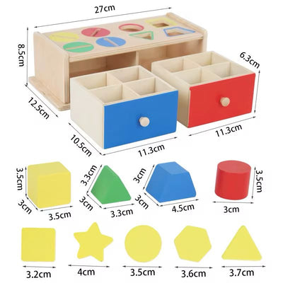 Wooden Object Permanence Box - Color and Shape Sorting with Dual Drawers