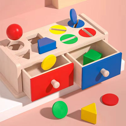 Wooden Object Permanence Box - Color and Shape Sorting with Dual Drawers