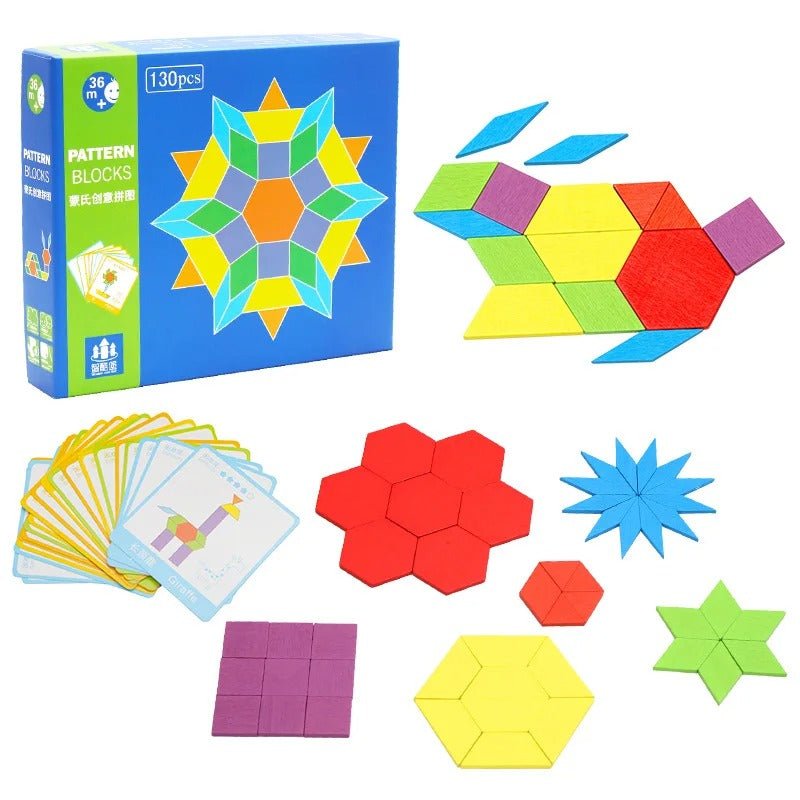 Wooden Pattern Block Geometric Shape Puzzle Early Education - 130 pcs