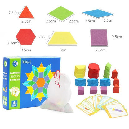 Wooden Pattern Block Geometric Shape Puzzle Early Education - 130 pcs