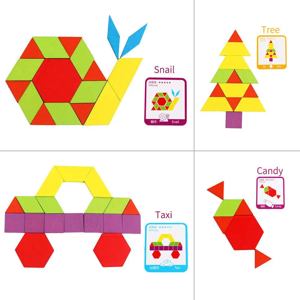 Wooden Pattern Block Geometric Shape Puzzle Early Education - 130 pcs