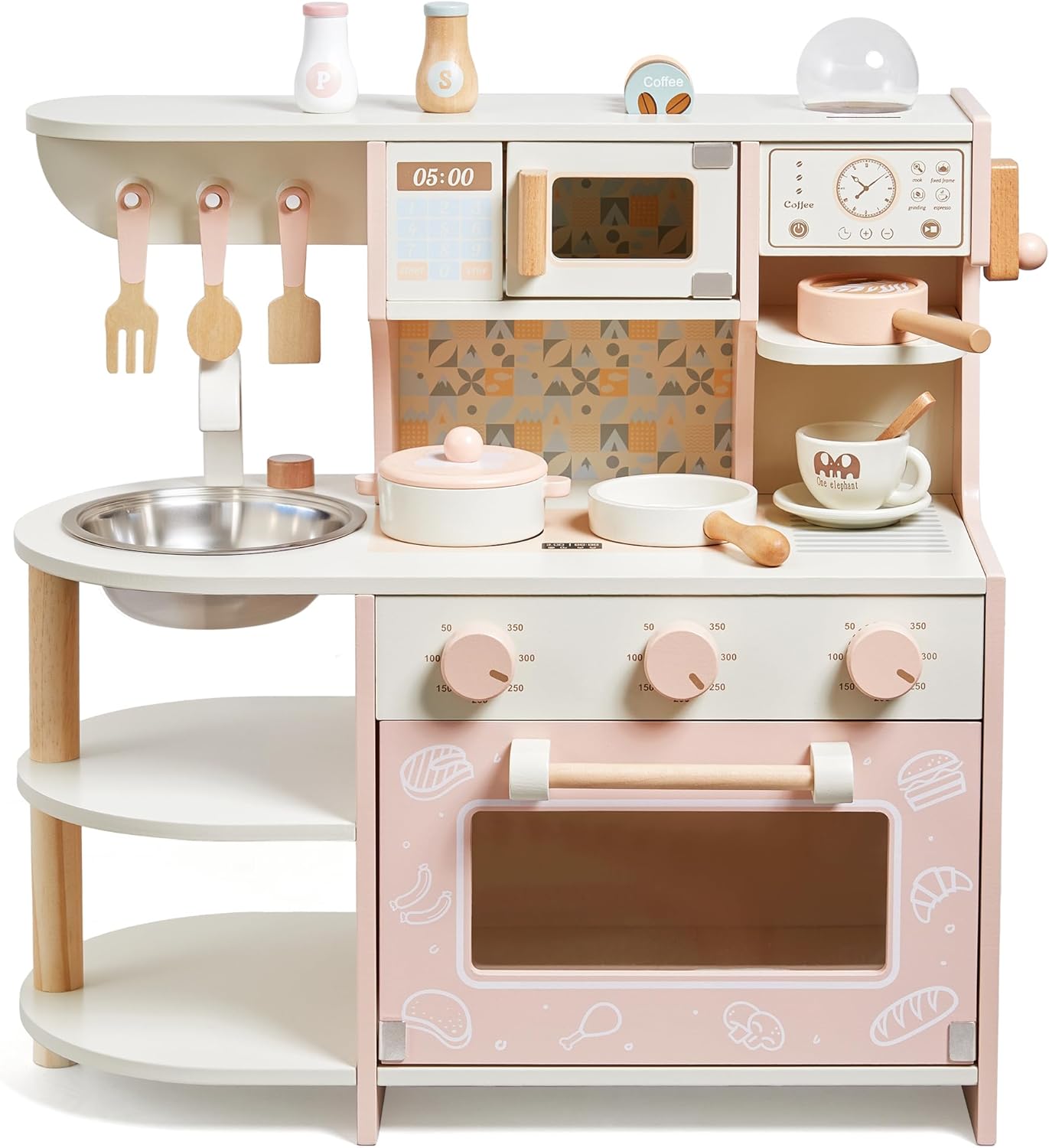 Wooden Kitchen Playset with Coffee Maker & Accessories – Premium Pretend Cooking Set