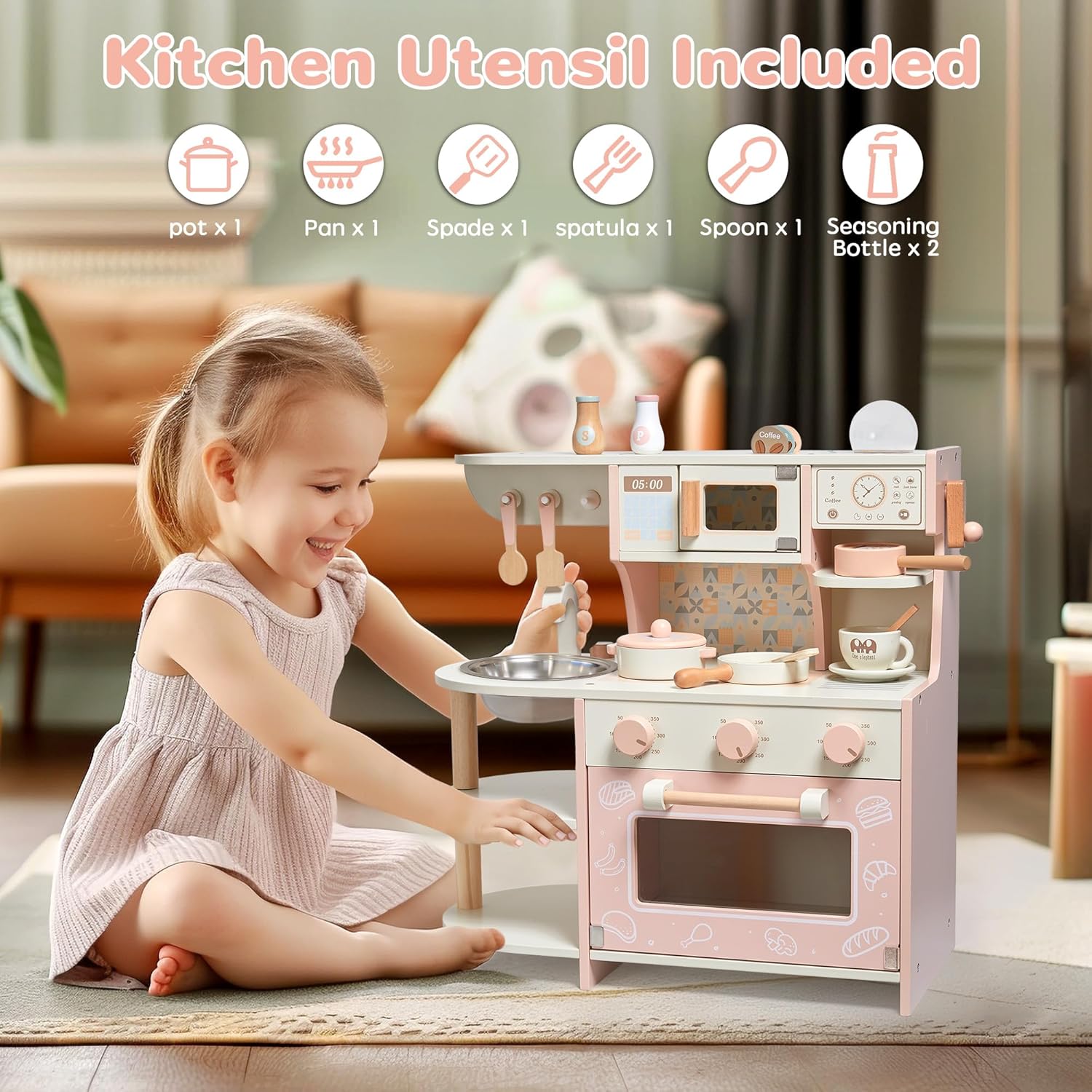 Wooden Kitchen Playset with Coffee Maker & Accessories – Premium Pretend Cooking Set